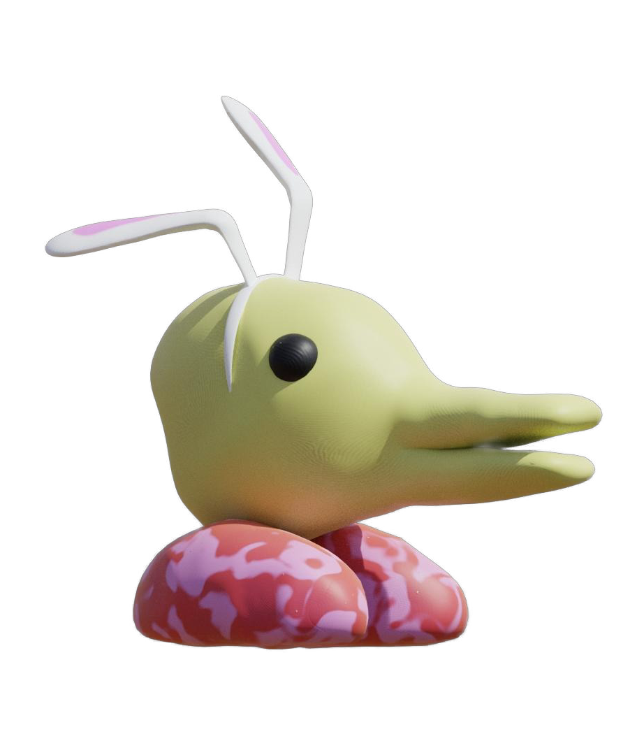 a side, variation, image of duckrabbit: a yellow rabbit and pink duck